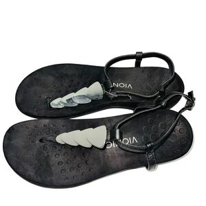 Vionic Orthaheel Miami Womens Leather T-Strap Sandals Slides Size 9 Black Silver